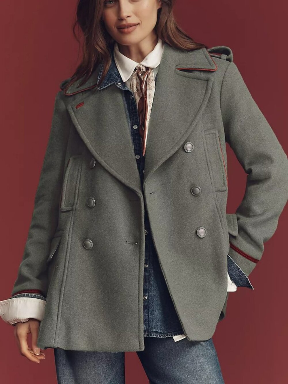 By Anthropologie Wool Blend Olive Green Military Peacoat